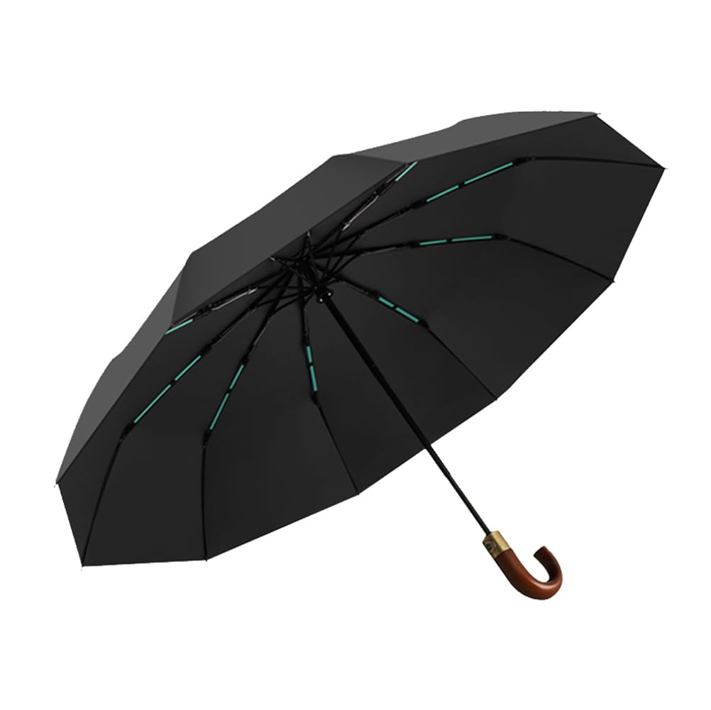 LCY Paraguas plegable automático grande con mango de madera maciza, protección UV UPF50+, resistente al viento, impermeable, paraguas de viaje