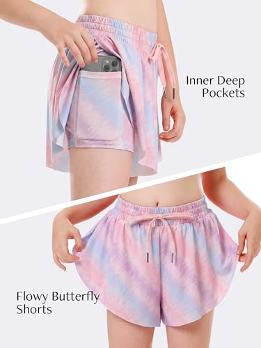 Image of Stelle Girls Flowy Shorts with Pockets Athletic Running Skirt High Waist Butterfly 2 in 1 Sports Short 5-16 Years