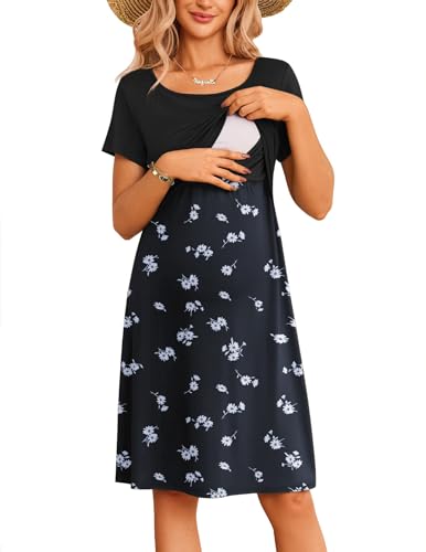 Image of Ekouaer Women's Nursing Dress Summer Short Sleeve Patchwork Maternity Breastfeeding Knee Length Dress