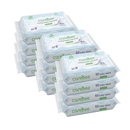 CareBee 99.9% Water Baby Wipes | Biodegradable, Plant-Based & Plastic-Free | Hypoallergenic, Unscented, Extra Gentle for Sensitive Newborn Skin | 60 wipes per Pack (12 pack (720 Wipes))