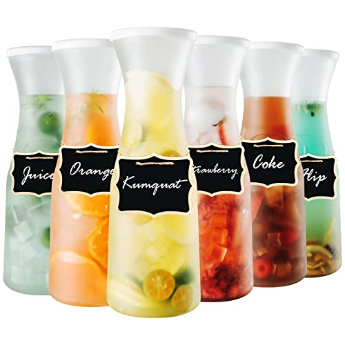 Set Of 6 Glass Carafe With 8 Lids, 35 Oz Beverage Pitcher Carafe Set For Mimosa Bar, 1 Liter Water Carafe, Juice Carafe For Brunch, Cold Water, Milk, Iced Tea, Lemonade - 8 Wooden Chalkboard Tags #TOP18