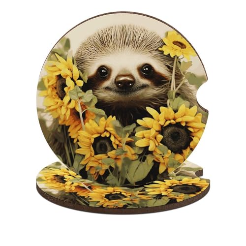 Posavasos para portavasos de carro, 2 piezas con diseño de perezoso y girasol miniatura 1