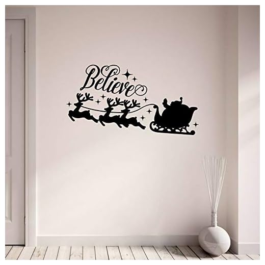 JXWH 107x57cm Believe Stickers de Noël Sticker Père Noël en traineau Renne Vinyle Sticker, Salon Chambre décoration Murale