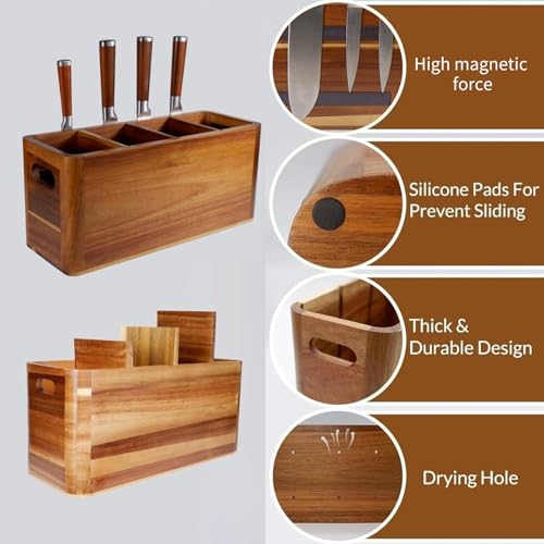 Image of Wooden Kitchen Utensil Holder Organizer for Counter or Countertop, Large Wooden Utensil Holder 4 Compartment, Acacia Wood Container Extra Large.with Strong Magnets Multifunctional Storage Knife Holder