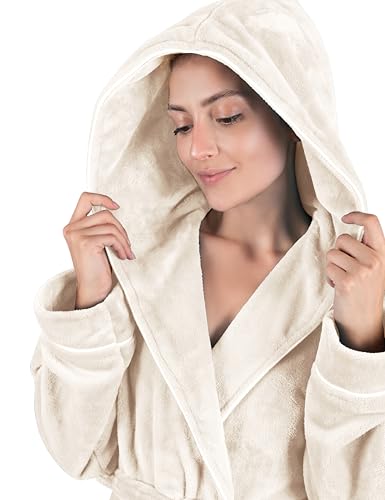 Gräfenstayn Bademantel Damen flauschig mit Kapuze - Kuschelfleece - Öko-Tex Standard 100 - Morgenmantel leicht & kurz - Größe (S, Creme)