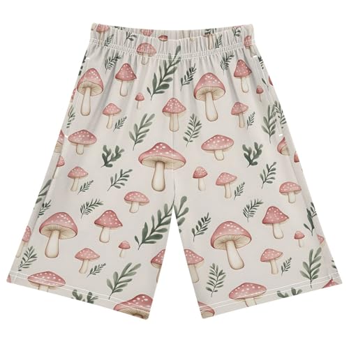 Pink Mushrooms Grass Pajama Pants Short Sleep Pants Pajama Bottoms Elastic Waist with Pockets 6-14 Years
