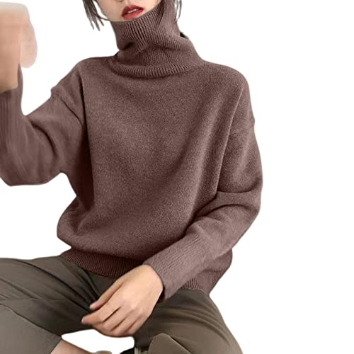 Image of Ladies Roll Neck Jumper Faux Cashmere Elegant Turtle Neck Women Sweater Soft Knitted Basic Pullovers O Neck Loose Warm Female Knitwear Jumper-Brown.