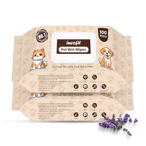 Image of Incofit Anti-Bacterial 200 Pulls Pet Wet Wipes for Dogs, Puppies, Cats, Rabbits & Small Pets | Powerful Odour, Vitamin E & Olive Oil | Anti-Itching | Cleansing, Deodorising & Grooming (Pack of 2)