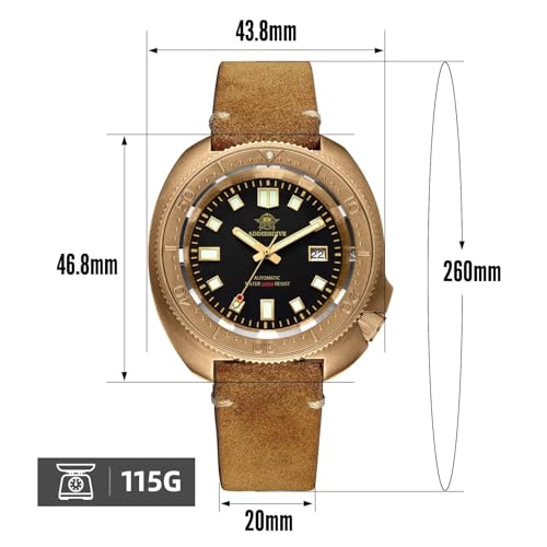 ADDIESDIVE Analog Mens Automatic Dive Black Dial Watch Wristwatch 200 M Waterproof Vintage Genuine Suede Leather Strap, Ad2104, Retro Bronze Watches