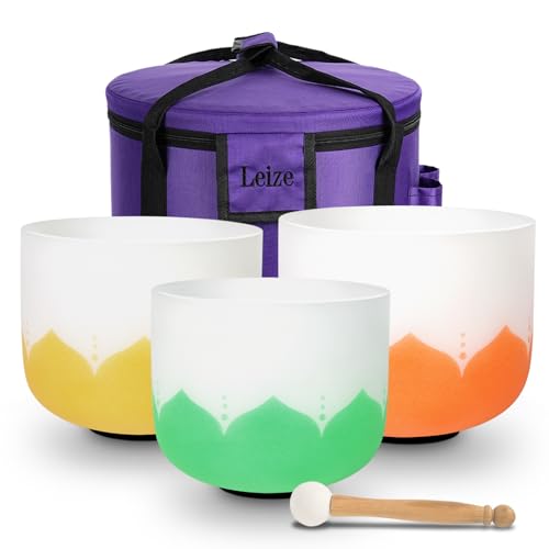 Leize 6-12 inch Lotus Design Chakra Tuned 432hz Set of 7 Quartz Crystal Singing Bowls with Heavy Duty Carrying Cases and Singing Bowl Mallet Suede Strikers