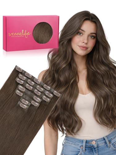 WENNALIFE Seamless Clip In Hair Extensions Human Hair, 22 Inch 150g 7pcs Muted Light Brown Brunette Real Hair Extensions Clip in Human Hair Invisible PU Skin Weft Natural Remy Human Hair Extensions