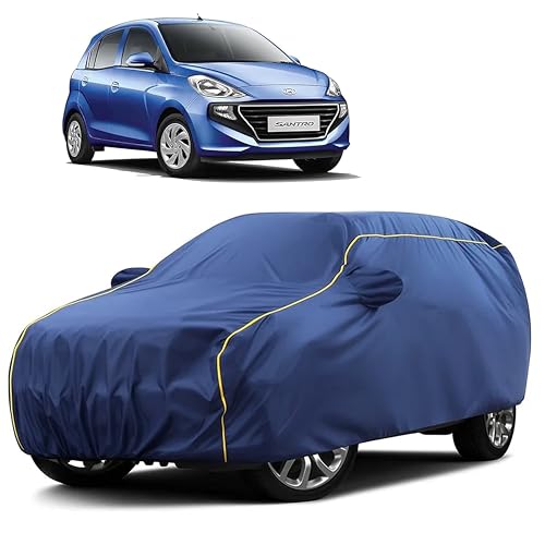 Image of Sulfar 100% Water Resistant Car Body Cover Compatible with Mirror for Hyundai Santro (Triple Stitched, Full Bottom Elastic, Blue Taffeta with Yellow Piping)