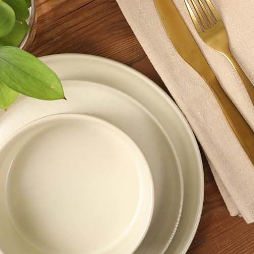 Image of Gibson Elite Avant-Garde 12 Piece Stoneware Dinnerware Set for 4, Linen White Plates and Bowls Set with Reactive Glaze, Includes Dinner Plates, Salad Plates and Bowls