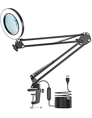 Lampe de Bureau Loupe, Jubor 10X 8X Loupe avec Lumière et Support, Lampe Loupe LED avec Pince et Bras Pivotant, Lampe de Bureau avec 3 Modes de Couleurs Réglables pour Lecture, Réparation, Artisanat