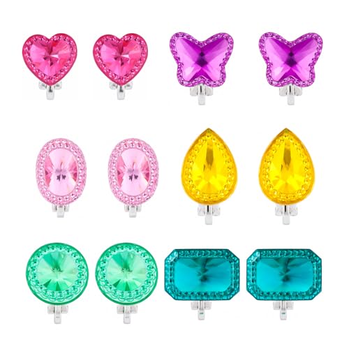 6 paires boucles d'oreilles clip enfants sans trou, design multicolore gemme