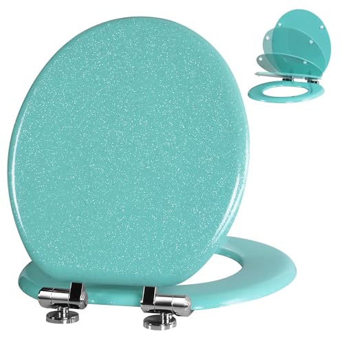 Angol Shiold Glitter Toilet Seat Molded Wood Round Toilet Seat with Quietly Close and Quick Release Hinges, Easy to Clean also Easy to Install (Round 16.5'', Green)