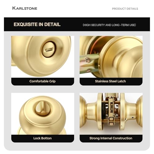 Karlstone 2 Pack Bedroom Door Knobs,Polished Brass Door Knob,Bedroom Locks for Doors,Door Knobs Interior for Bathroom by Karlstone - Image 5