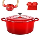 4.5 Quart Enamel Cast Iron Dutch Oven with Loop Handles, Covered Dutch Oven, Enamel Stockpot with Lid, Red