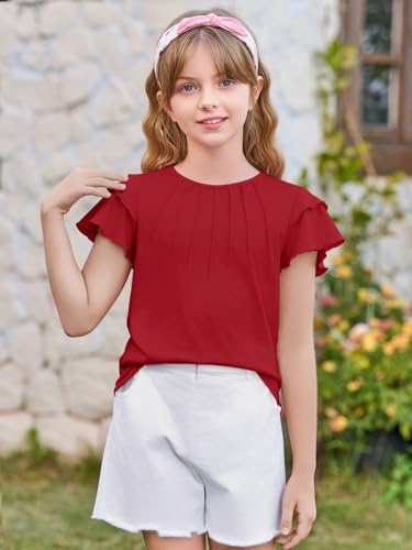 Image of Haloumoning Girls Pleated Ruffle Short Sleeve Shirts Kids Summer Crewneck T-Shirts Fashion Tops Tees 5-14 Years