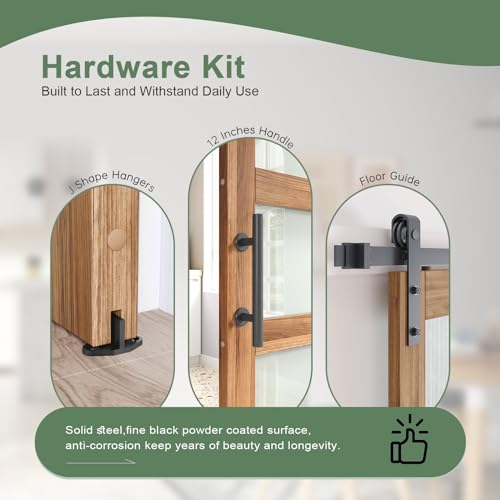 Image of FREDBECK 32in x 80in Glass Barn Door with 5.5FT Sliding Doors Hardware Kit with Handle Included,5-Panel Frosted Glass Wood Panel,Water-Proof Surface,Need Assembly