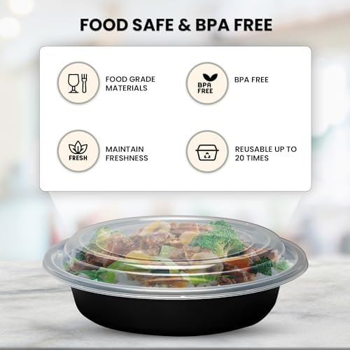 Klex 16 Oz, 50 Sets Meal Prep Containers with Airtight Lids, BPA Free, Reusable Plastic Food Container, 16 oz, Round, Black/Clear, 50 Sets - Thumbnail 4