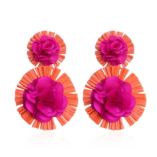 Colorful Rattan Earrings for Women Statement Boho Raffia Straw Wrapped Flower Drop Dangle Earrings Summer Tropical Beach Jewelry