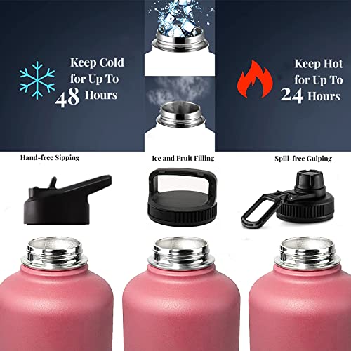 Vacuum Insulated Water Bottle With Straw, Paracord Handle & 3 Lids, Carrying Pouch Bpa Free Double Wall Stainless Steel Wide Mouth Water Jug, Leakproof Keep & Cold Hot Sports Flask (32Oz Pink/Blue) #TOP4