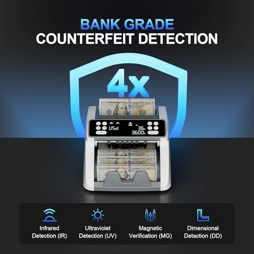 Image of AROHANI Money Counter Machine with Value Count for USD and EUR, UV MG IR DD MT Counterfeit Detection, Count Add Batch Auto Modes, Cash Counter with LED Display, Compact Powerful Design,Gray