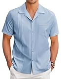 COOFANDY Camisa masculina Guayabera cubana de manga curta com botões camisas casuais de linho de verão, Azul claro, G