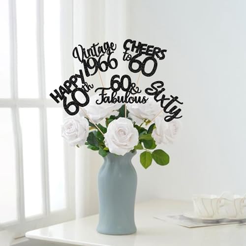 Image of 15 PCS Black 60th Birthday Centerpiece Sticks Sixty Happy 60th Vintage 1966 Table Flower Centerpieces Sticks Cheers to 60 Fabulous Floral Decorations for 60th Birthday Party Centerpieces Supplies