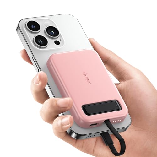EMNT Powerbank 5200 mAh Mini batteria esterna compatta Power Bank piccola ma forte con cavo integrato, appositamente progettata per iPhone, rosa