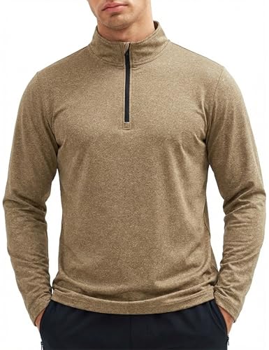 KEFITEVD Wandershirt Herren Langarm Atmungsaktiv Fleece Pullover mit Reißverschluss Kragen Ski Rolli Warm Outdoor Training Shirt Männer Frühling Top Khaki XL
