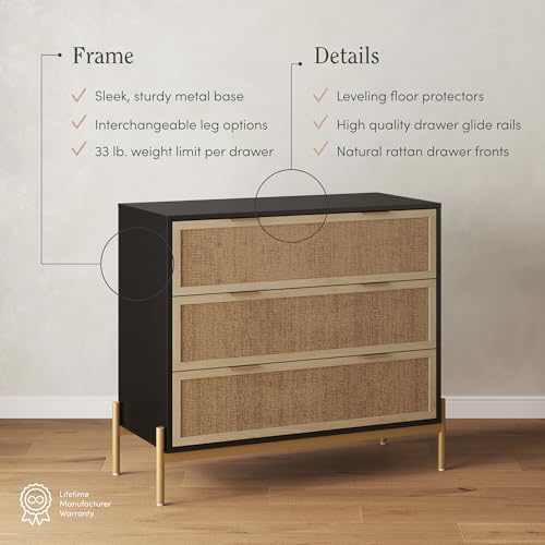 Image of Nathan James Andrew 3-Drawer Chest Rattan Dresser, Bohemian Deep Drawer Dresser for Bedroom with Natural Rattan Accent and Metal Legs, Matte Black, Set of 2