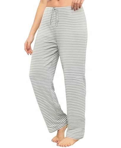ENJOYNIGHT Womens Pyjama Bottoms Comfy Casual Pajama Trousers Cotton Print Pjs Lounge Pants with Pockets (Large,Grey Stripe)