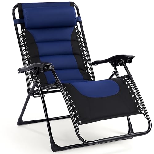 Backyard Expressions Deluxe XL Padded Recliner Zero Gravity Chair – Ergonomic Anti-Gravity Lounger with Folding Design, Side Tray, and Adjustable Headrest