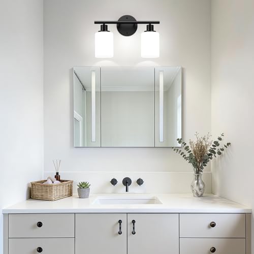 Image of Zarbitta 2-Light Bathroom Light Fixtures,Black Modern Vanity Lights with Milky White Frosted Glass Shades,Bathroom Wall Lamp for Mirror Kitchen Living Room Hallway Cabinet Porch