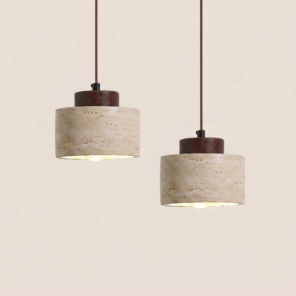 COSRUB Japanese Cylinder Travertine Hanging Lights Set of Two, Mini Stone Pendant Lamp Fixture Minimalist Farmhouse Chandelier for Bedroom Bedside Living Room(Walnut,12cm/4.72in)