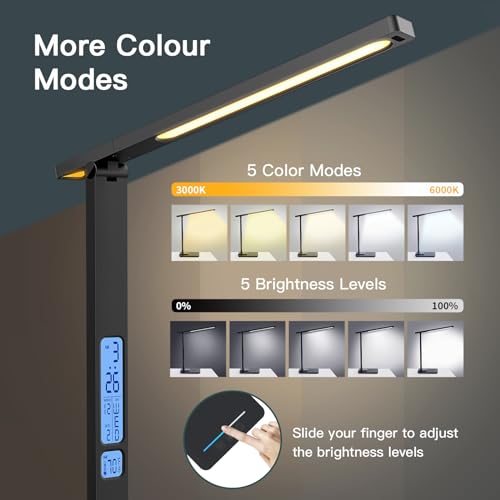 Image of LED Desk Lamp with Wireless Charger, USB Charging Port, Sliding Dimmable Auto Timer Table Lamp with Night Light, Desk Lights with Clock for Study Reading Home Office