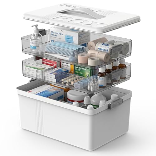 Lonsomu 3-Stöckige Medizinbox Medikamenten Aufbewahrung Hausapotheke Box mit Griff und Herausnehmbarem Fach Ideal für Haushalt und Reisen Multifunktional Platzsparend Übersichtlich