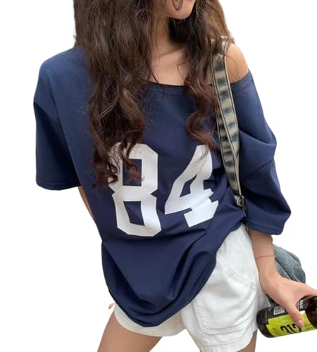 Pinclodly Oversized Tshirts for Women Y2K Off The Shoulder Baggy Tees Number 84 Short Sleeve Going Out Tops Crewneck Basic Tops