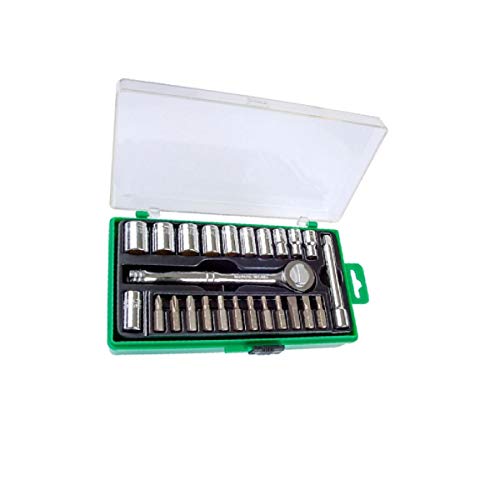 KIT JOGO DE SOQUETES SEXTAVADO 1/4'' CATRACA EM CR-V 25PCS COM CATRACA REVERSIVEL, EXTENSOR, MALETA E BITS WAFT