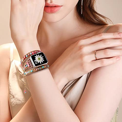 Handmade Boho Watch Band Compatible with Apple Watch 49MM 45MM 44MM 42MM 41MM 40MM 38MM Beaded Wrap Bracelet for iWatch Ultra, Series SE/9/8/7/6/5/4/3/2/1, Fancy Strap for Women