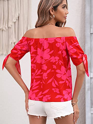 Soly Hux Women's Floral Print Off The Shoulder Short Sleeve Tie Knot Cuff Blouse Tops Red Floral L #TOP1