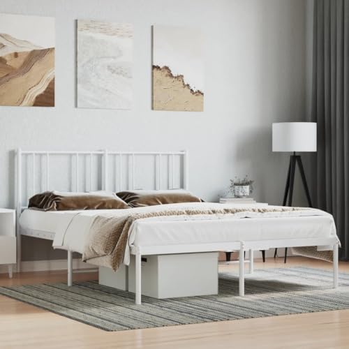 Frdhee Cama con cabecero de metal blanco 140 x 190 cm Plataforma cama para colchón, dormitorio, fácil montaje