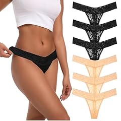 6 Pcs Lace Thongs-black Beige