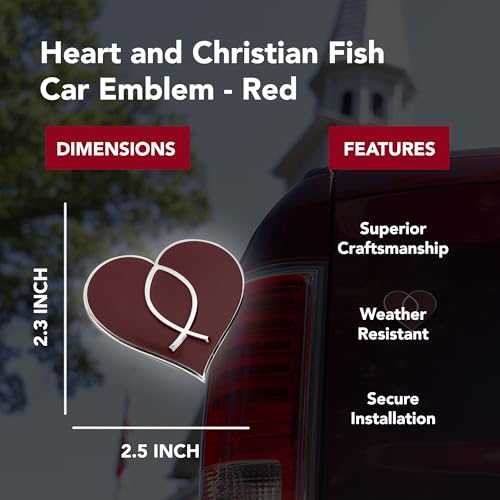 Image of Chrome Metal Christian Jesus Fish and Heart Car /Auto /Truck 3D Emblem Badge Decal - Universal Fit (Red)
