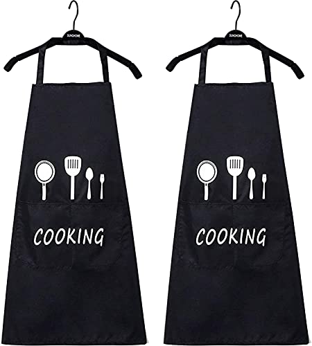 Hivory Kitchen Bib Aprons For Women & Men ~ Free-Size Cooking Apron ~ Great for Both Men & Women ~ Chef Favorite With 1 Big Pocket ~ (Black, Pack of 2)
