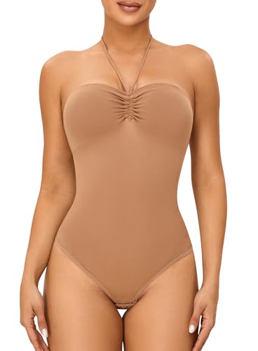 HOMETA Women's Strapless Shapewear Bodysuit Tummy Control Body Shaper Sculpting Thong Bodysuit Drawstring Jumpsuit Top