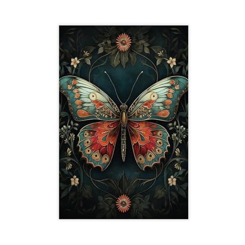 BFTIUTG Póster retro de polilla azul y rojo con polilla de mariposa para decoración de pared, pinturas para sala de estar, dormitorio, 20 x 30 cm