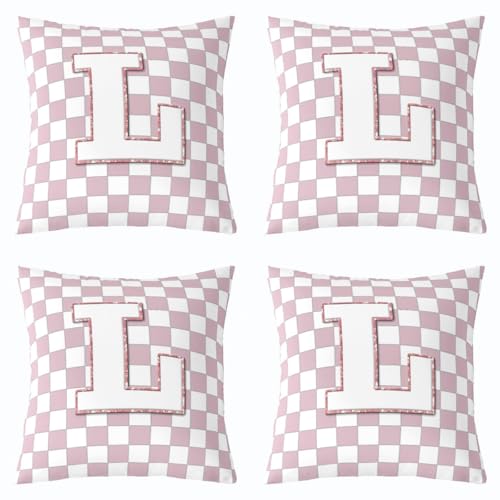 Image of Erosebridal Pink Initial L Throw Pillow Covers 16x16 Set of 2 Kawaii Plaid Checkered Cushion Cover Cute Personalized Monogram Throw Pillow Case for Bed Couch Sofa Fashion Grids Gingham Home Decor